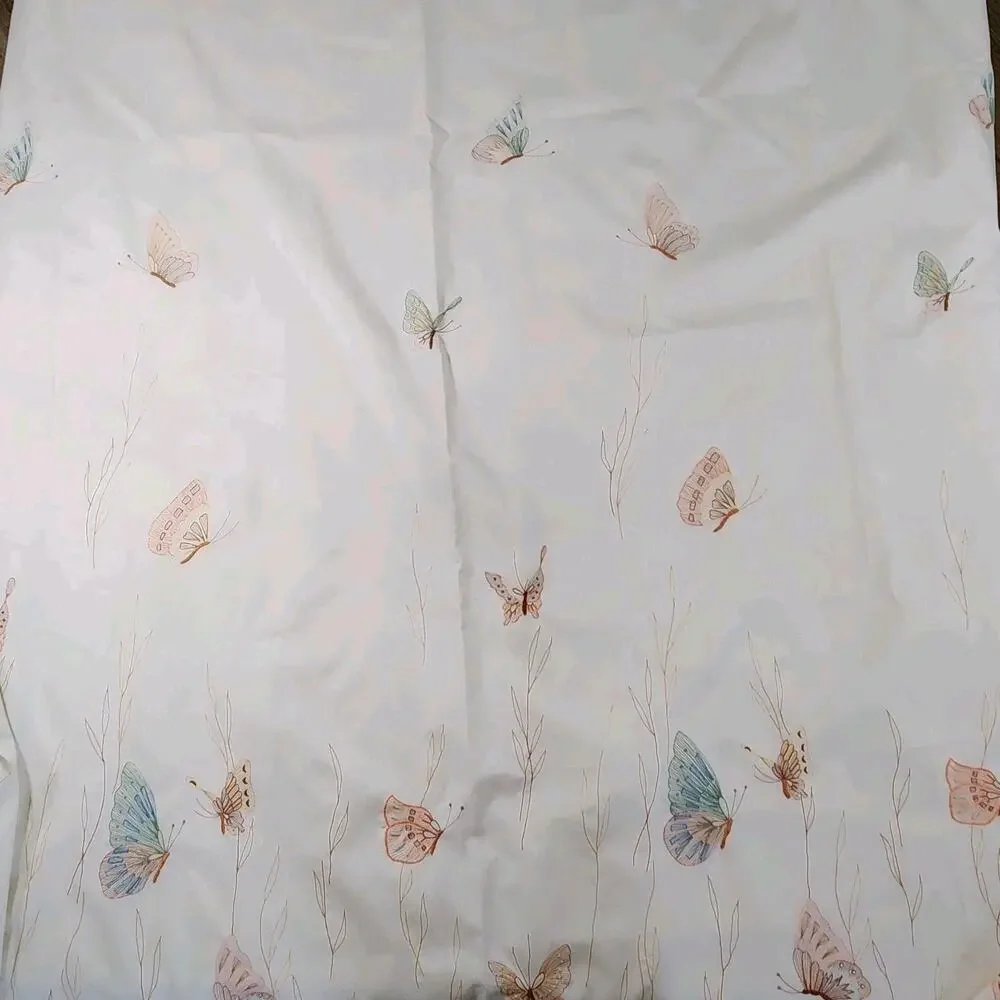 Vintage Butterfly Embroidered Shower Curtain Cream Sheer Mesh Lace 66x70 Cottage